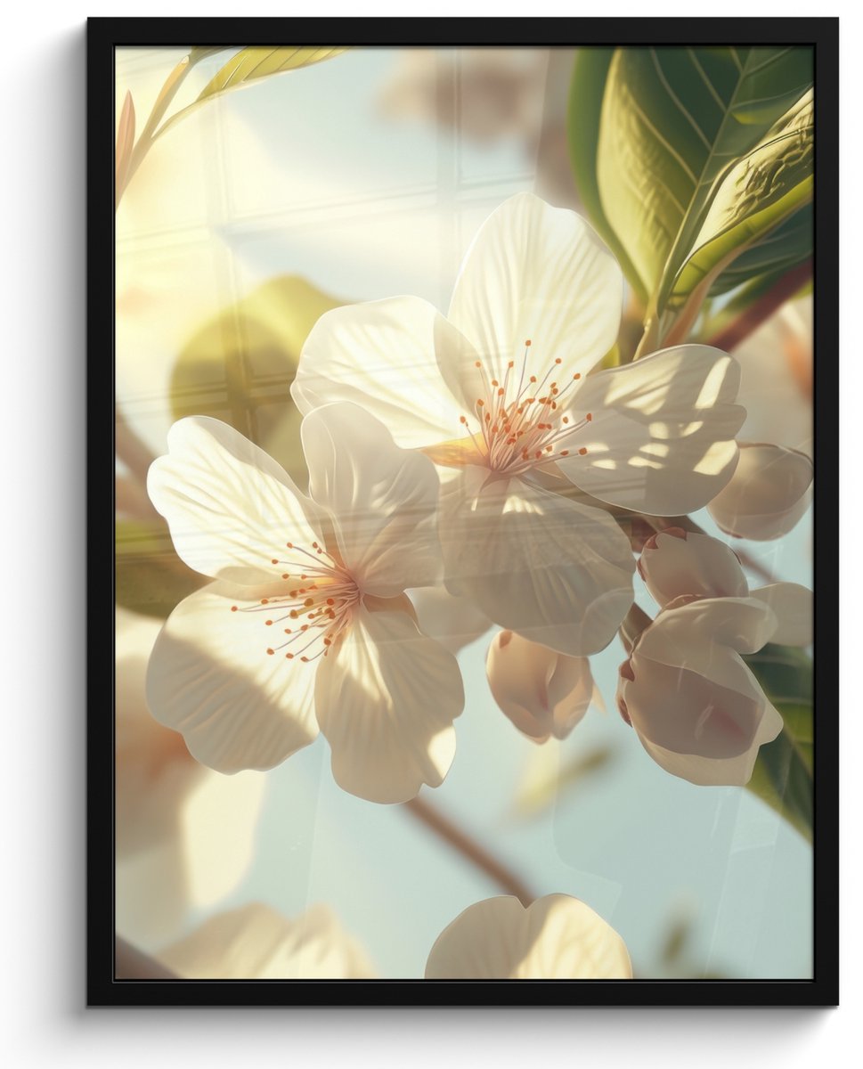 FrameYourWall Poster in lijst - Fotolijst 50x70 cm - Posters - Bloesems - Wit - Zonnestralen - Bloemblaadjes - Posterlijst zwart - Decoratie - Wanddecoratie woonkamer - Muurdecoratie slaapkamer
