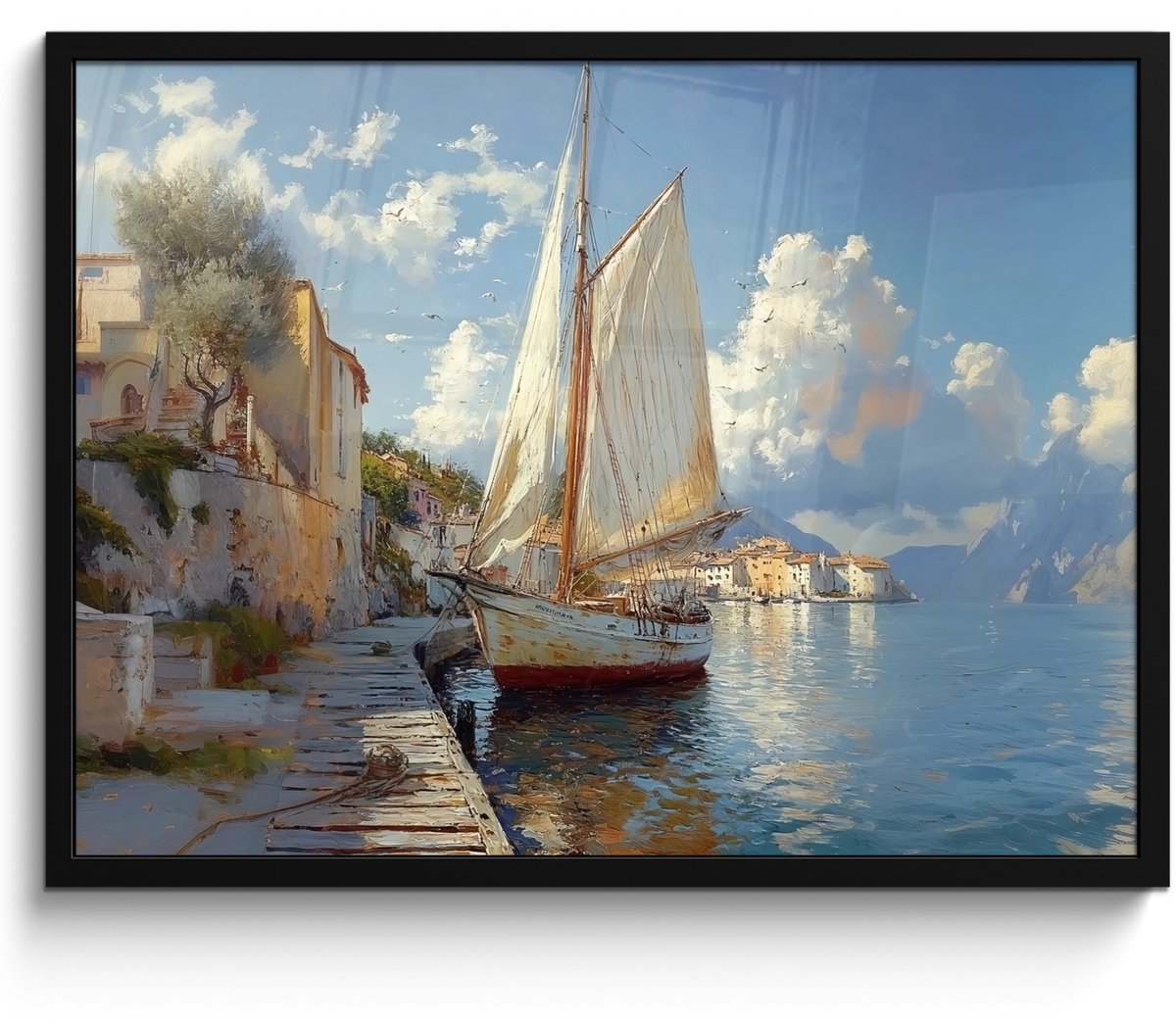 FrameYourWall Poster in lijst - Fotolijst 70x50 cm - Posters - Zeilschip - Huizen - Kade - Zee - Posterlijst zwart - Decoratie - Wanddecoratie woonkamer - Muurdecoratie slaapkamer Zeilschip - Huizen - Zee
