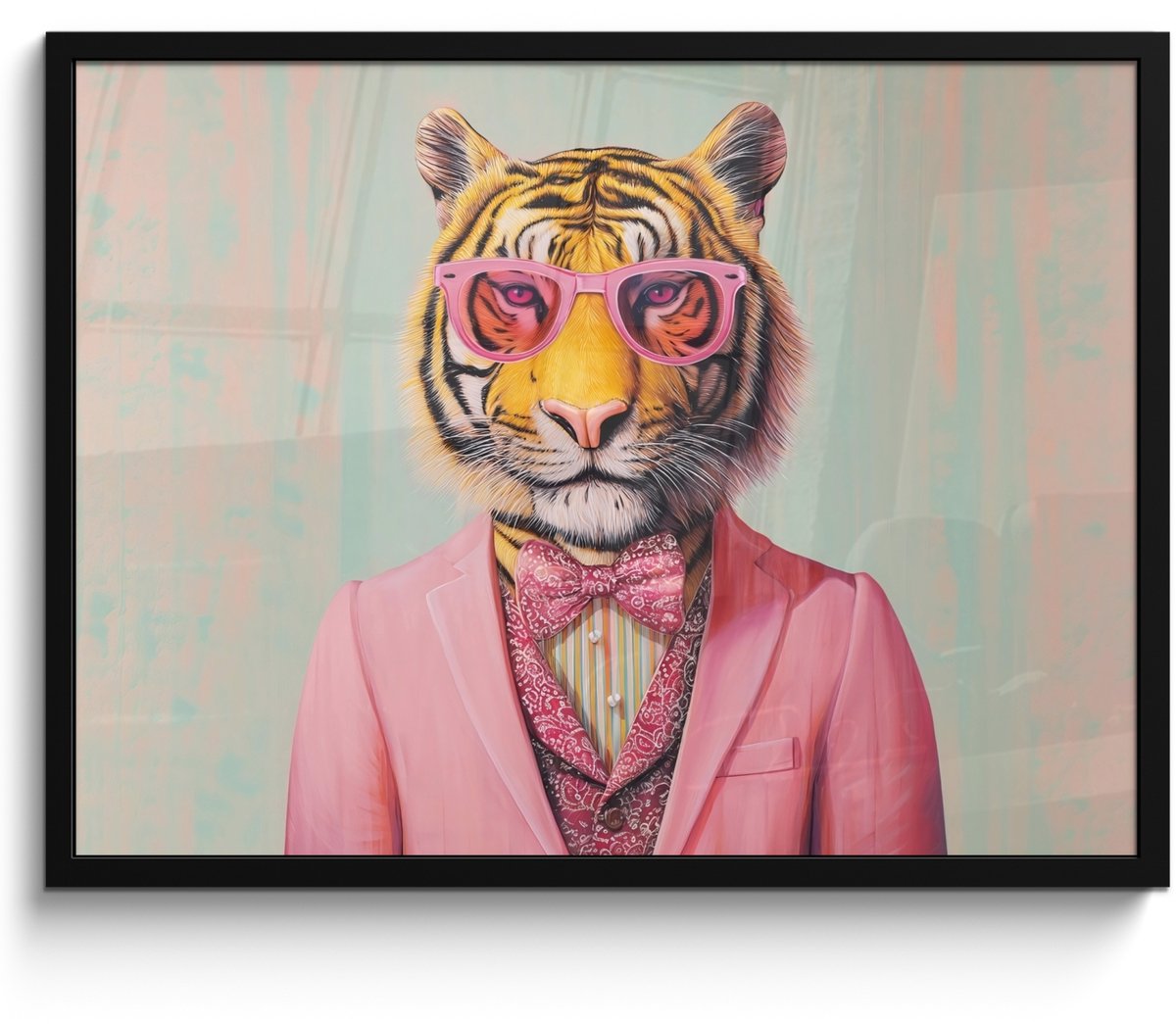 FrameYourWall Poster in lijst - Fotolijst 70x50 cm - Posters - Tijger - Strik - Jasje - Roze - Posterlijst zwart - Decoratie - Wanddecoratie woonkamer - Muurdecoratie slaapkamer Tijger - Bril