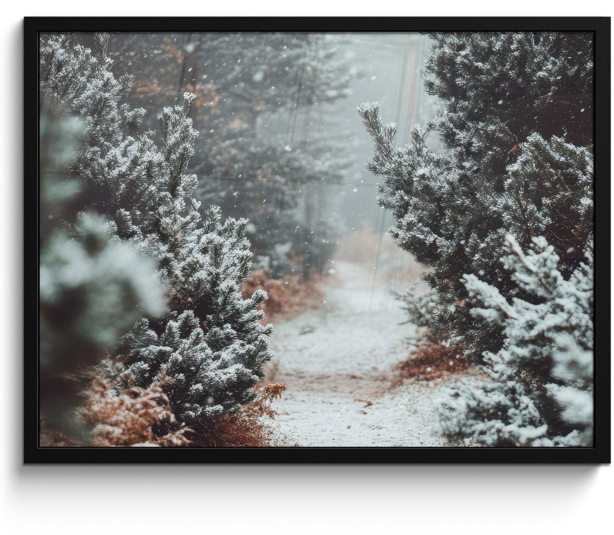 FrameYourWall Poster in lijst - Fotolijst 70x50 cm - Posters - Bos - Winter - Bomen - Natuur - Pad - Sneeuw - Posterlijst zwart - Decoratie - Wanddecoratie woonkamer - Muurdecoratie slaapkamer Bospad