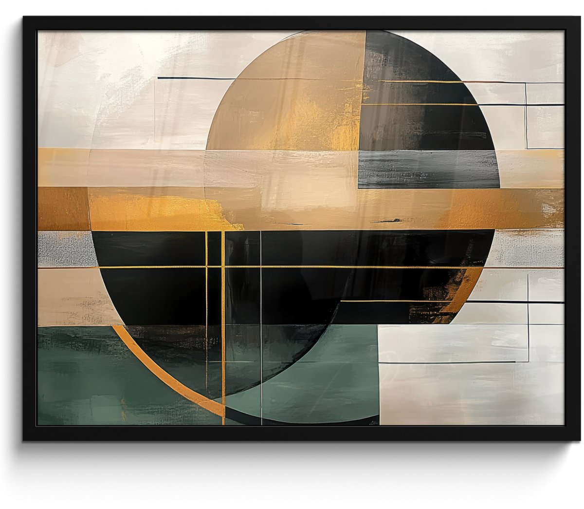 FrameYourWall Poster in lijst - Fotolijst 70x50 cm - Posters - Abstract - Goud - Brons - Groen - Vormen - Modern - Posterlijst zwart - Decoratie - Wanddecoratie woonkamer - Muurdecoratie slaapkamer Abstracte vormen