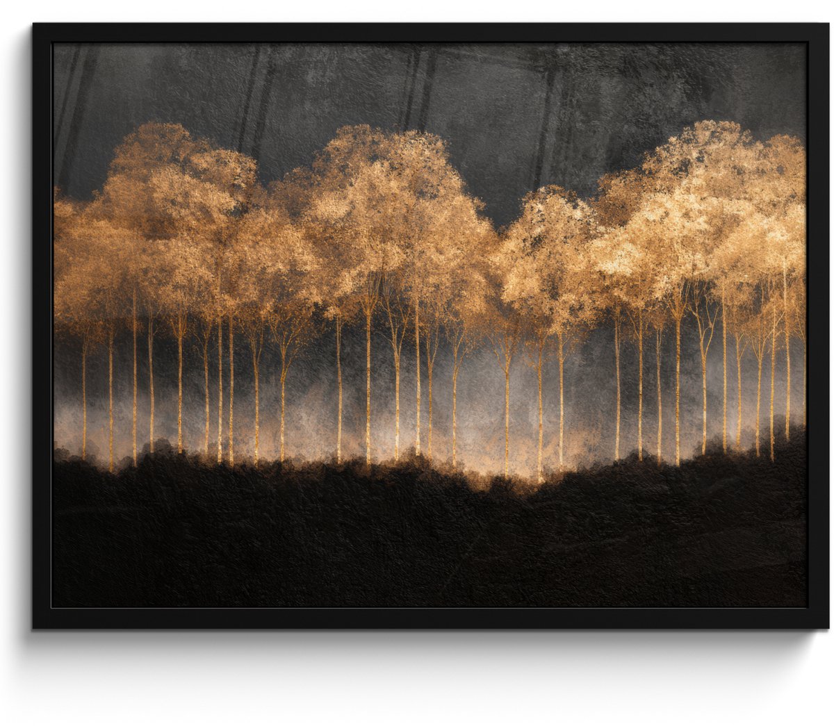FrameYourWall Poster in lijst - Fotolijst 70x50 cm - Posters - Gouden Bomen in Mistig Landschap - Posterlijst zwart - Decoratie - Wanddecoratie woonkamer - Muurdecoratie slaapkamer Bomen - Mist - Goud