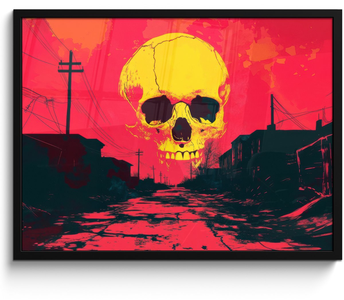 FrameYourWall Poster in lijst - Fotolijst 70x50 cm - Posters - Straat - Verlaten - Schedel - Geel - Posterlijst zwart - Decoratie - Wanddecoratie woonkamer - Muurdecoratie slaapkamer Schedel - Straat