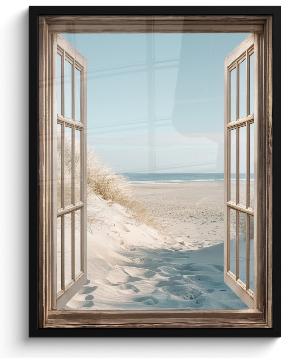 FrameYourWall Poster in lijst - Fotolijst 50x70 cm - Posters - Doorkijk - Helmgras - Duinen - Zee - Landschap - Posterlijst zwart - Decoratie - Wanddecoratie woonkamer - Muurdecoratie slaapkamer Strand - Duin