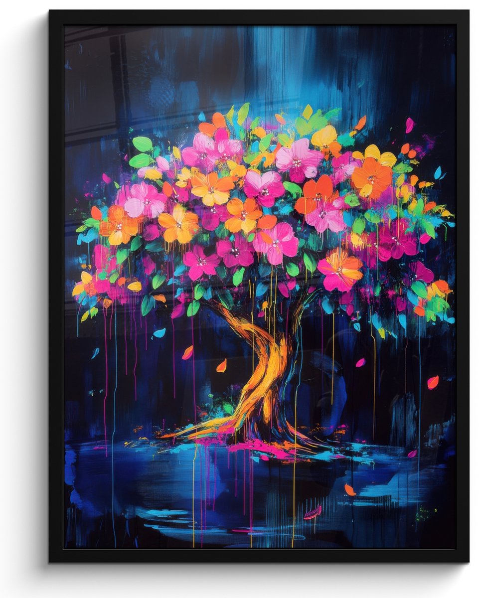 FrameYourWall Poster in lijst - Fotolijst 50x70 cm - Posters - Boom - Bloemen - Magisch - Gekleurde - Posterlijst zwart - Decoratie - Wanddecoratie woonkamer - Muurdecoratie slaapkamer