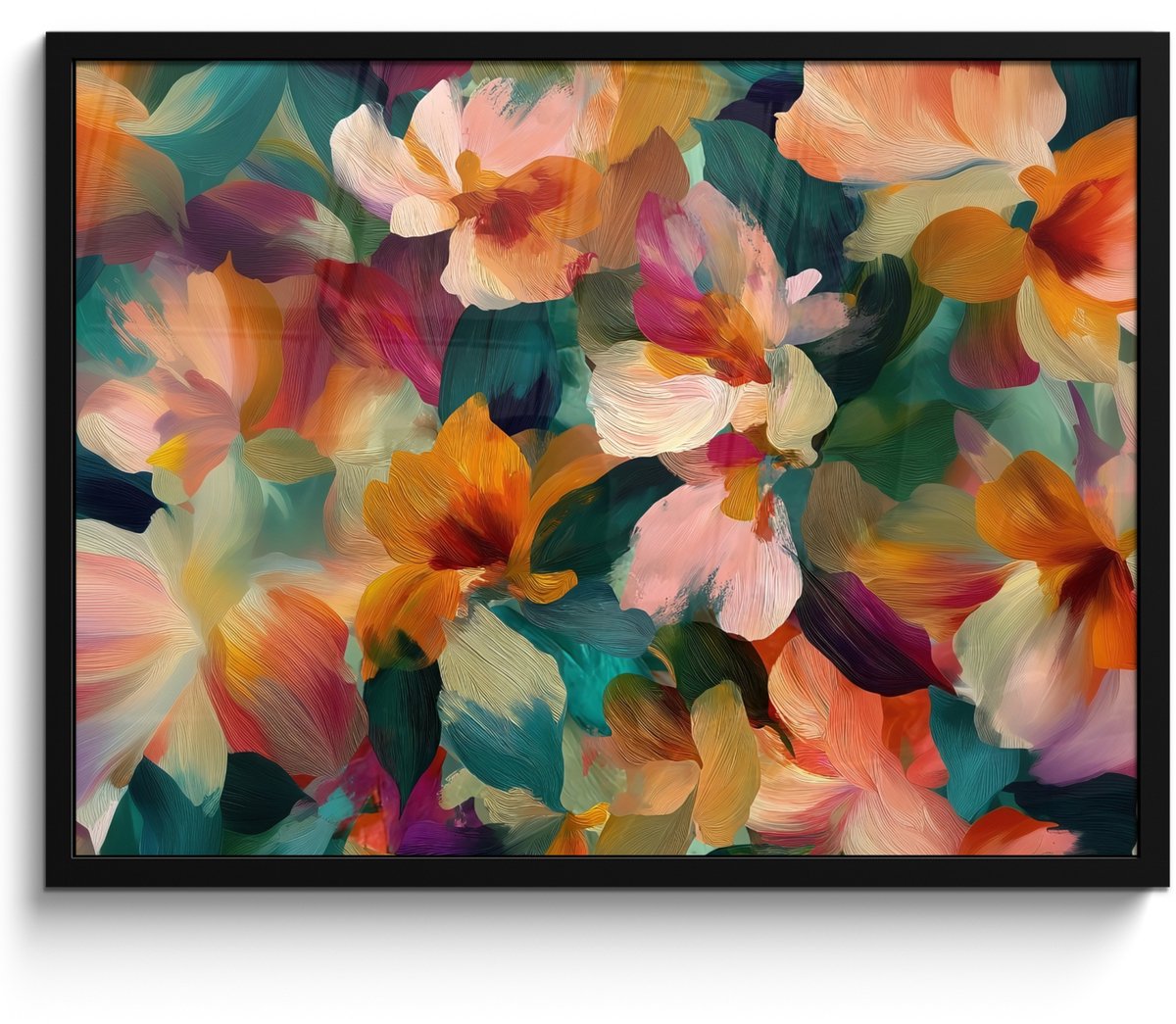 FrameYourWall Poster in lijst - Fotolijst 70x50 cm - Posters - Harmonieus - Abstracte bloemen - Warme tinten - Posterlijst zwart - Decoratie - Wanddecoratie woonkamer - Muurdecoratie slaapkamer Bloemen - Abstract - Harmonieus
