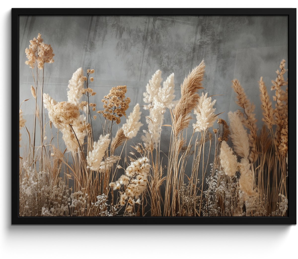 FrameYourWall Poster in lijst - Fotolijst 70x50 cm - Posters - Gedroogde Veldbloemen - Grijs - Beton - Posterlijst zwart - Decoratie - Wanddecoratie woonkamer - Muurdecoratie slaapkamer Veldbloemen - Beton