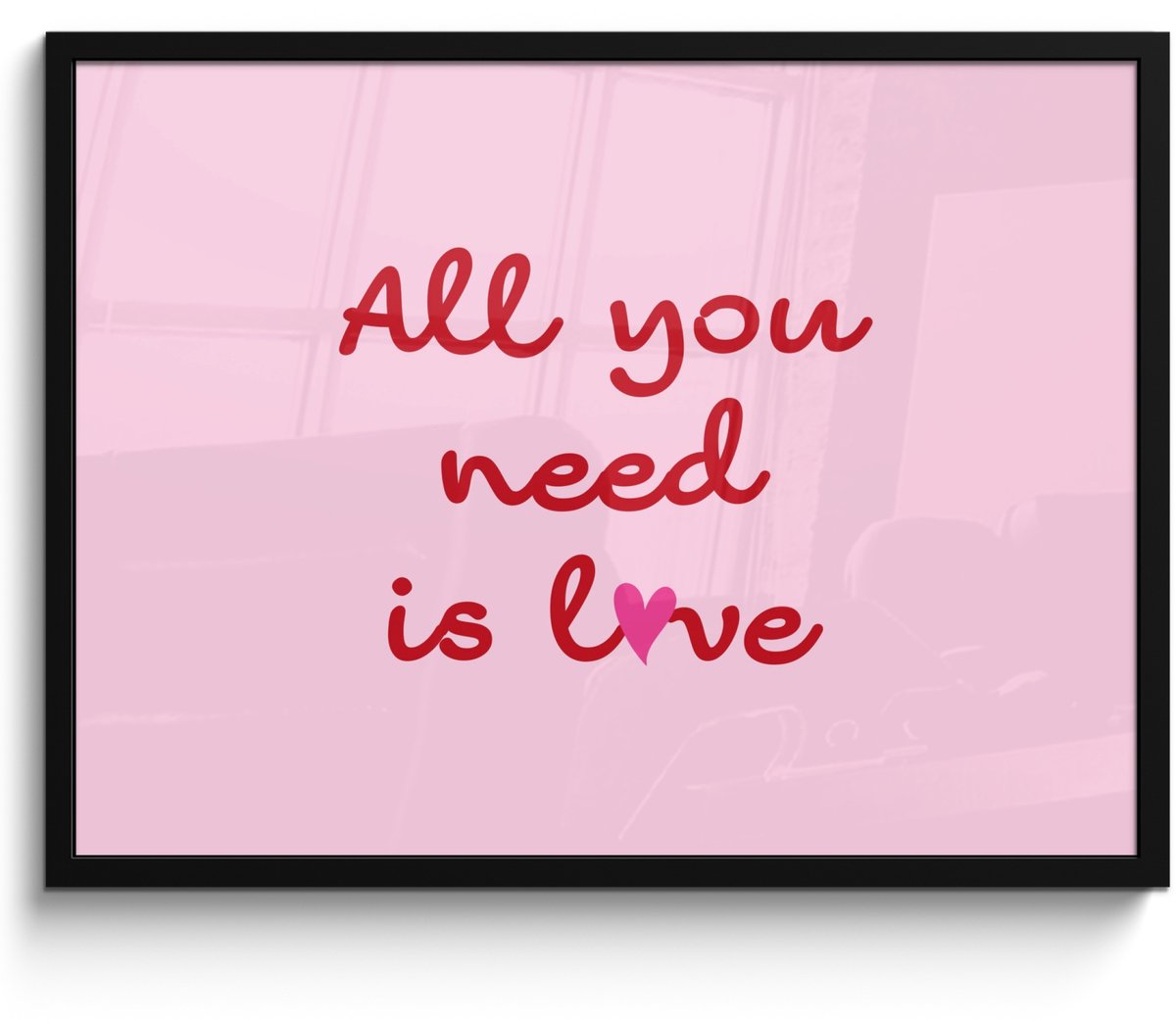 FrameYourWall Poster in lijst - Fotolijst 70x50 cm - Posters - Tekst - Roze - Love - Hart - Posterlijst zwart - Decoratie - Wanddecoratie woonkamer - Muurdecoratie slaapkamer Tekst - All you need is love