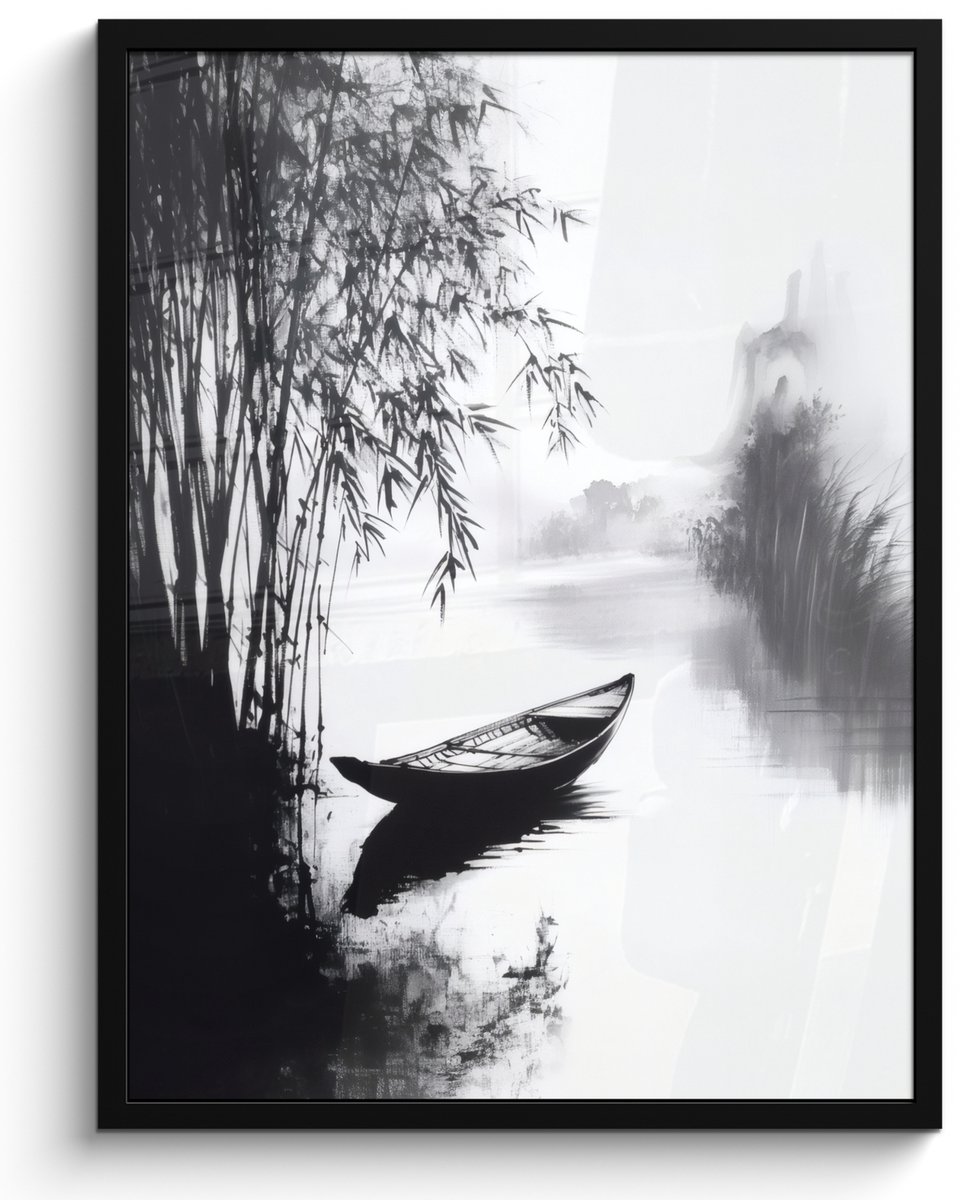 FrameYourWall Poster in lijst - Fotolijst 50x70 cm - Posters - Boot - Rivier - Bamboe - Wit - Posterlijst zwart - Decoratie - Wanddecoratie woonkamer - Muurdecoratie slaapkamer