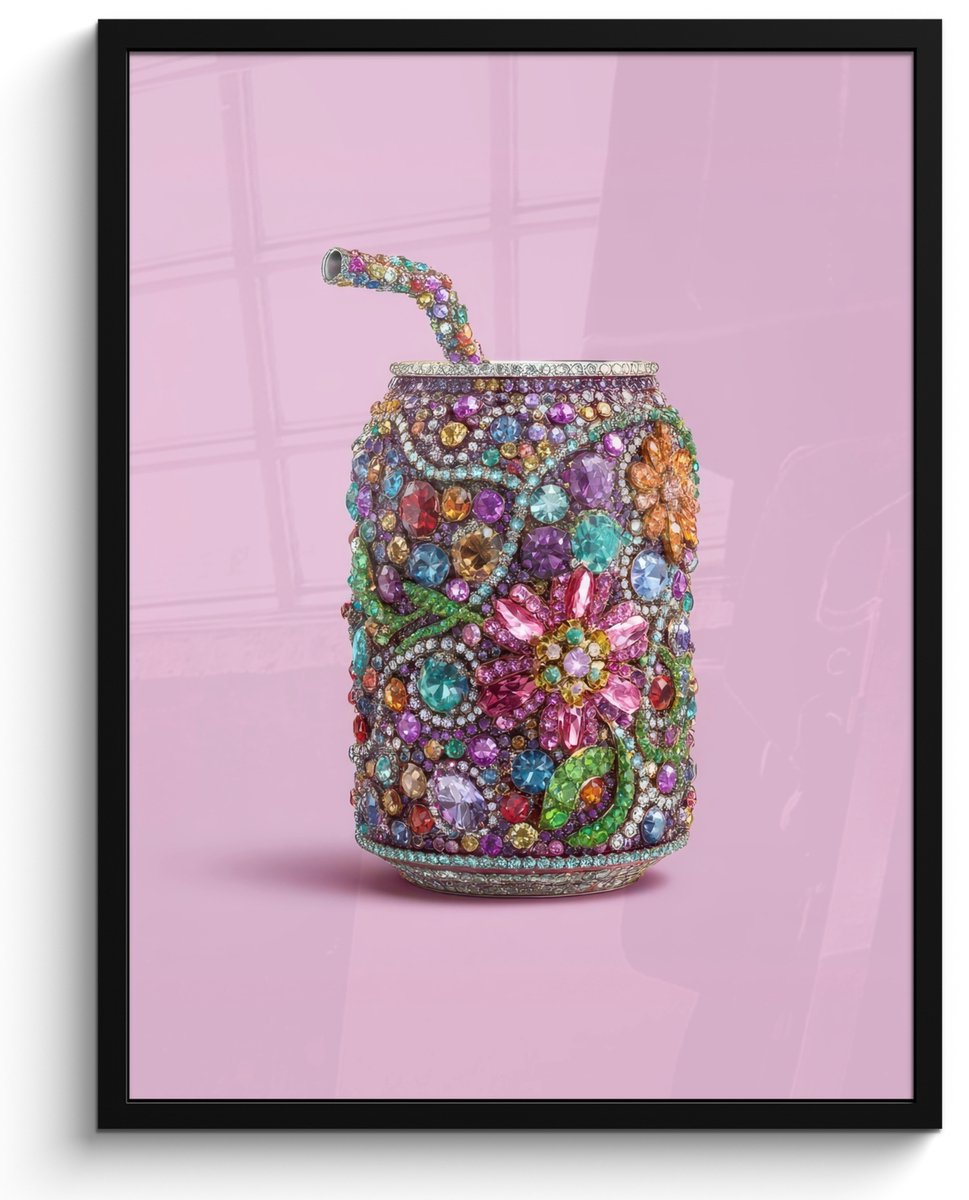 FrameYourWall Poster in lijst - Fotolijst 50x70 cm - Posters - Frisdrankblikje - Bloemenpatroon - Edelstenen - Kleurrijk - Posterlijst zwart - Decoratie - Wanddecoratie woonkamer - Muurdecoratie slaapkamer Frisdrankblikje - Edelstenen