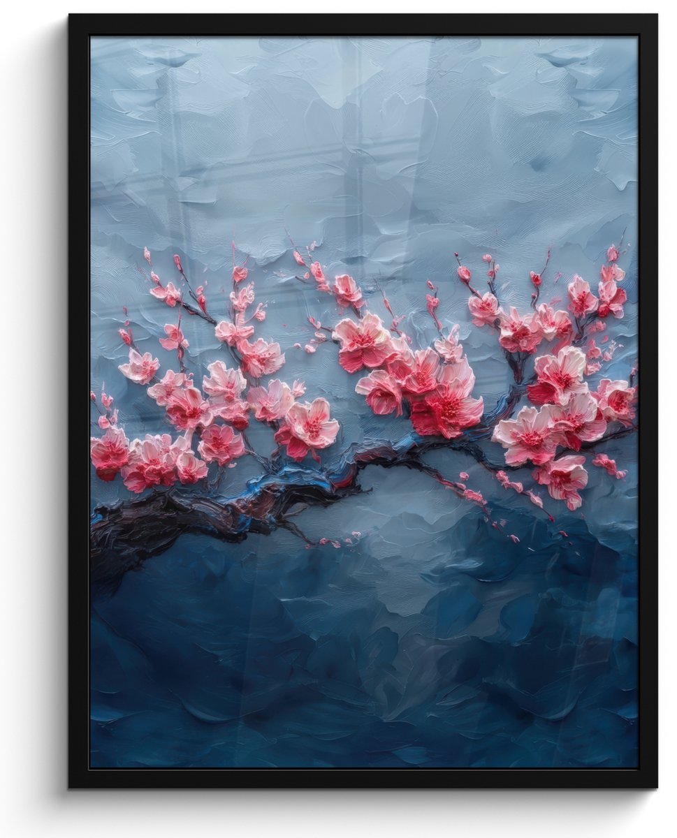 FrameYourWall Poster in lijst - Fotolijst 50x70 cm - Posters - Bloesem - Bloem - Roze - Tak - Posterlijst zwart - Decoratie - Wanddecoratie woonkamer - Muurdecoratie slaapkamer Bloesem - Tak