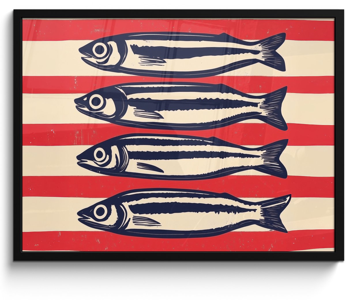 FrameYourWall Poster in lijst - Fotolijst 70x50 cm - Posters - Sardines - Rood en beige strepen - Posterlijst zwart - Decoratie - Wanddecoratie woonkamer - Muurdecoratie slaapkamer Sardines - Strepen