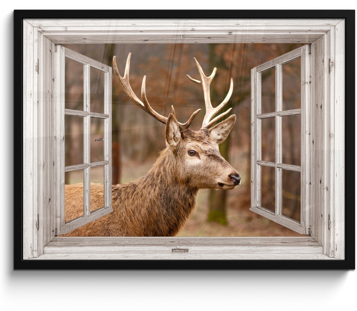 FrameYourWall Poster in lijst - Fotolijst 70x50 cm - Posters - Hert - Dier - Bos - Herfst - Hertenkop - Bruin - Doorkijk - Posterlijst zwart - Decoratie - Wanddecoratie woonkamer - Muurdecoratie slaapkamer