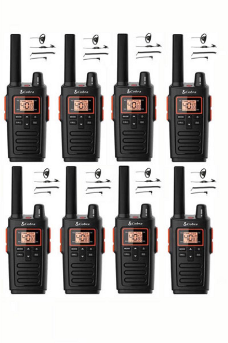 Set van 8 Cobra RX380 PMR446 portofoons IPX2 met D-shape oortje