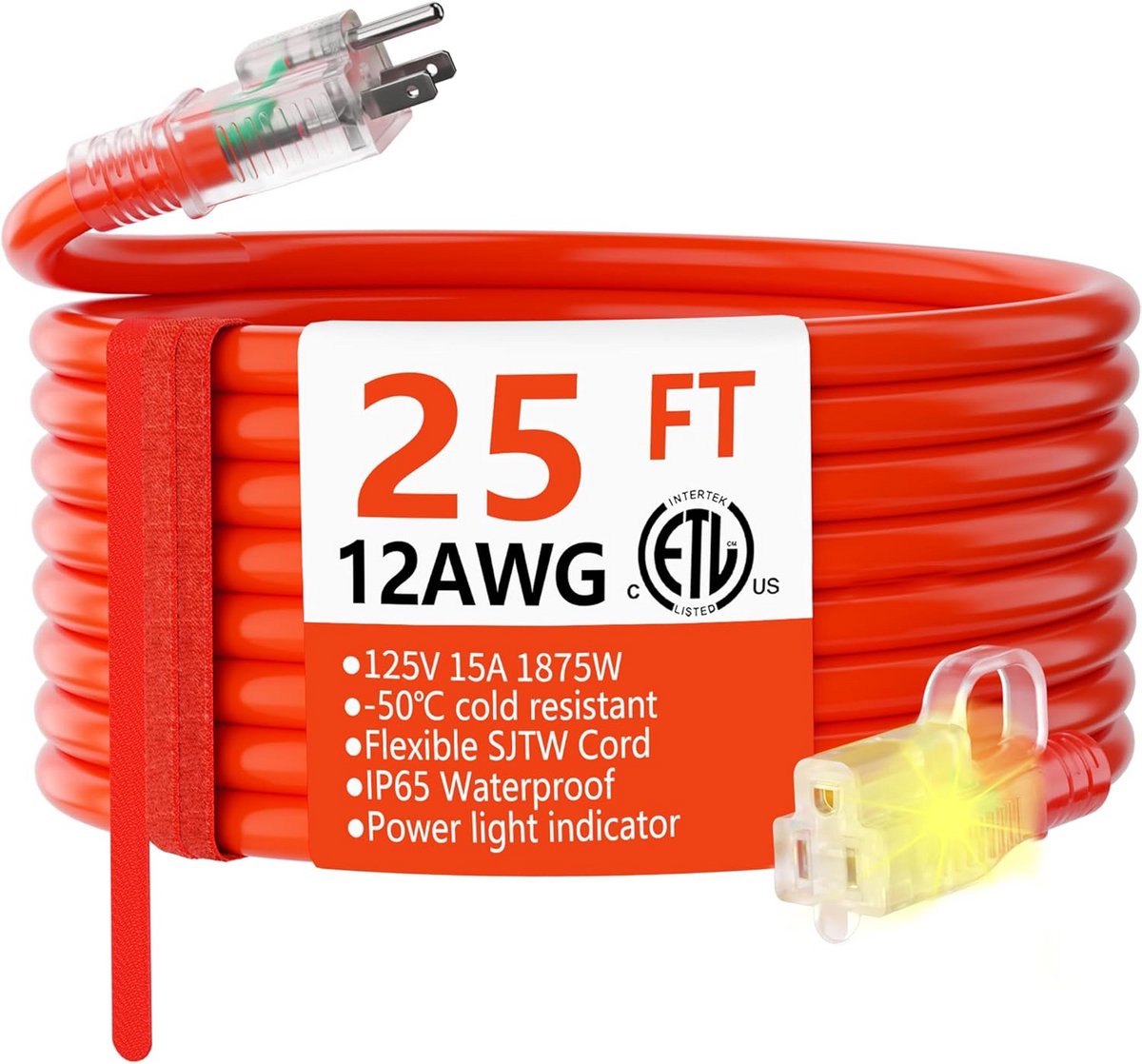 12/3 gauge Heavy Duty buiten verlengkabel 25 ft waterdicht met verlichte stekker