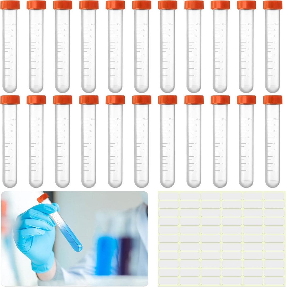 22x Kunststof Proefbuisjes 10ML met Schroefdop en Maatstreepjes voor Laboratorium