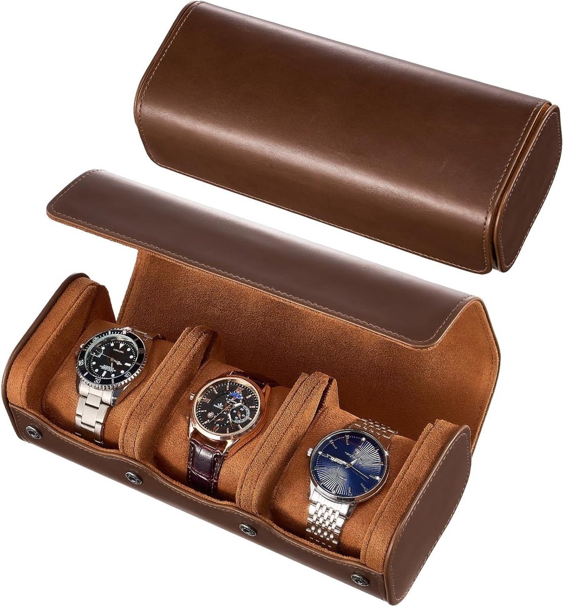 Watch Case voor 3 Horloges, Reis Horlogehouder met Zachte Voering en Schokbestendige Opbergdoos - Bruin.