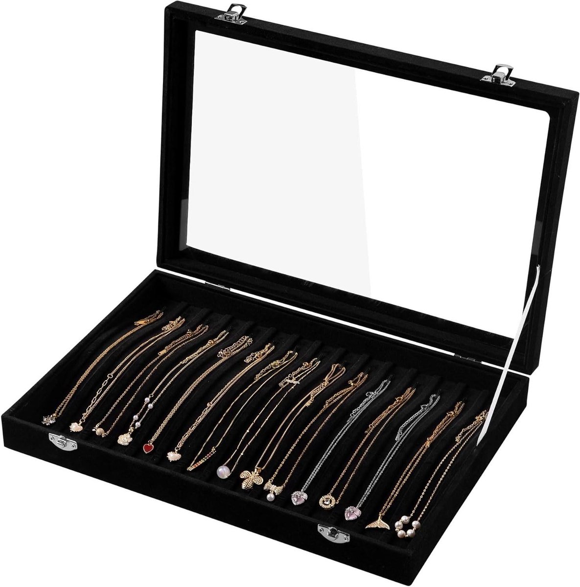 Fluwelen ketting organizer met deksel en slot - Juwelen opbergbox voor kettingen - Zwart