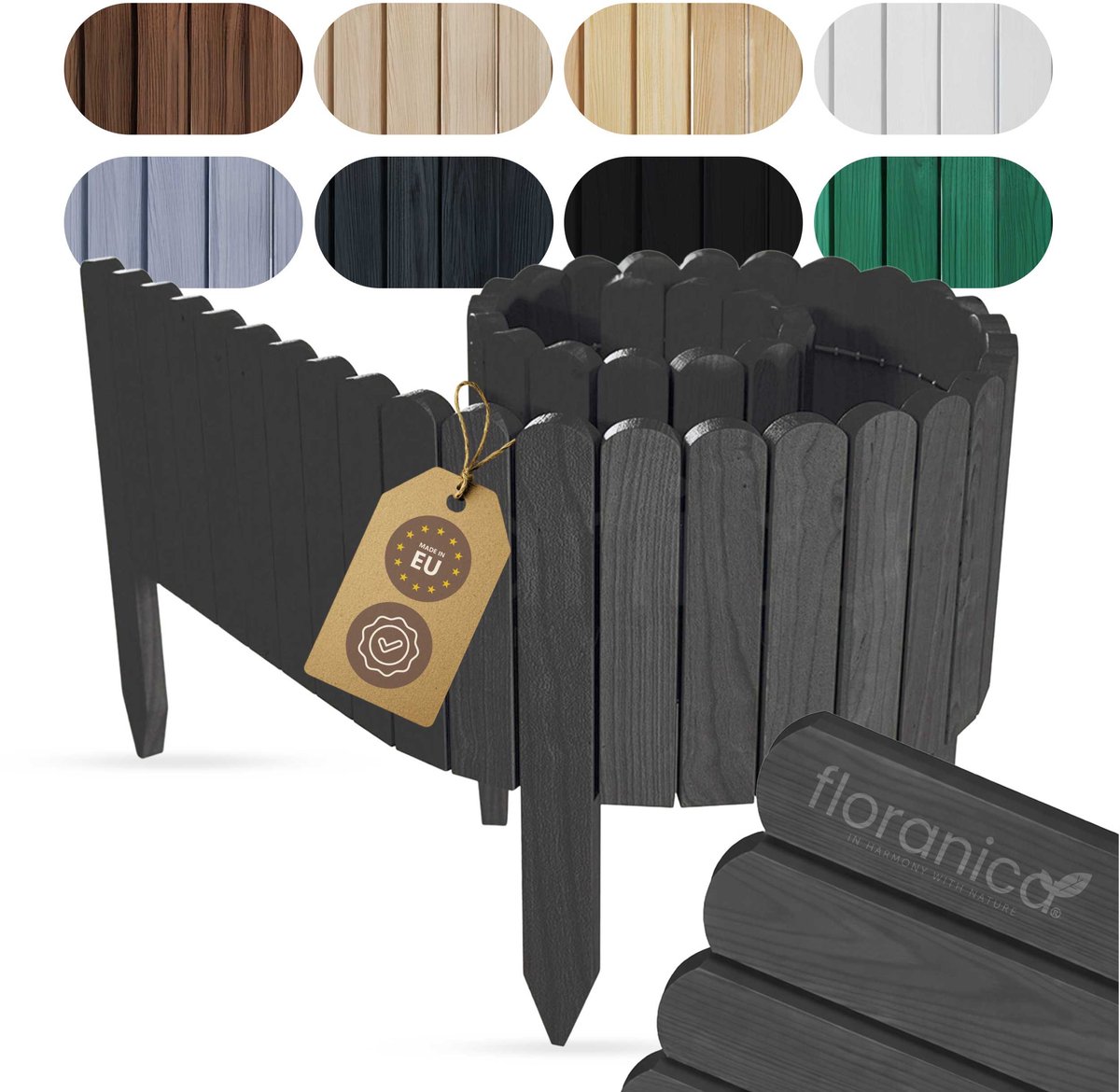 Floranica Rollborder Flexibele houten hek 200 x 20 cm Antraciet Dennenhout Gazonafscheiding - Palisade - ingekorte rolborder