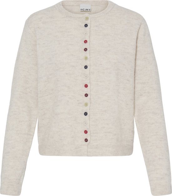 Beige gebreid vest van ICHI met een rij veelkleurige knopen, ronde hals en lange mouwen.