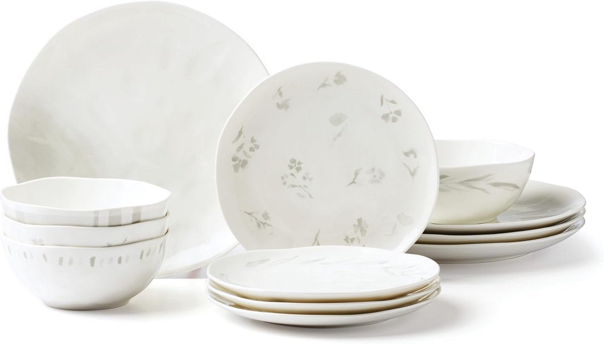 12-Delige Porseleinen Servies Set Wit met Grijze Accent, 4 Personen