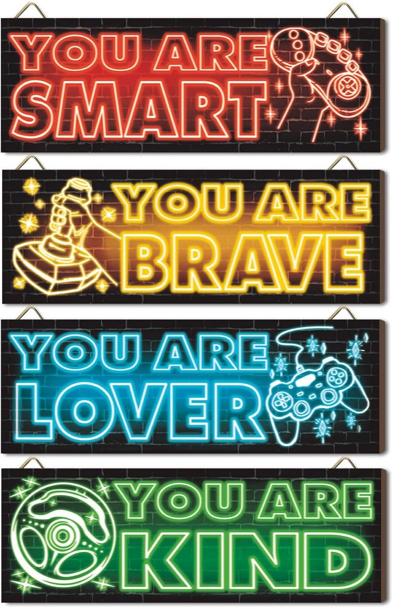 4-delige Houten Wanddecoratie Set voor Gamer Kamer met Inspirerende Quotes