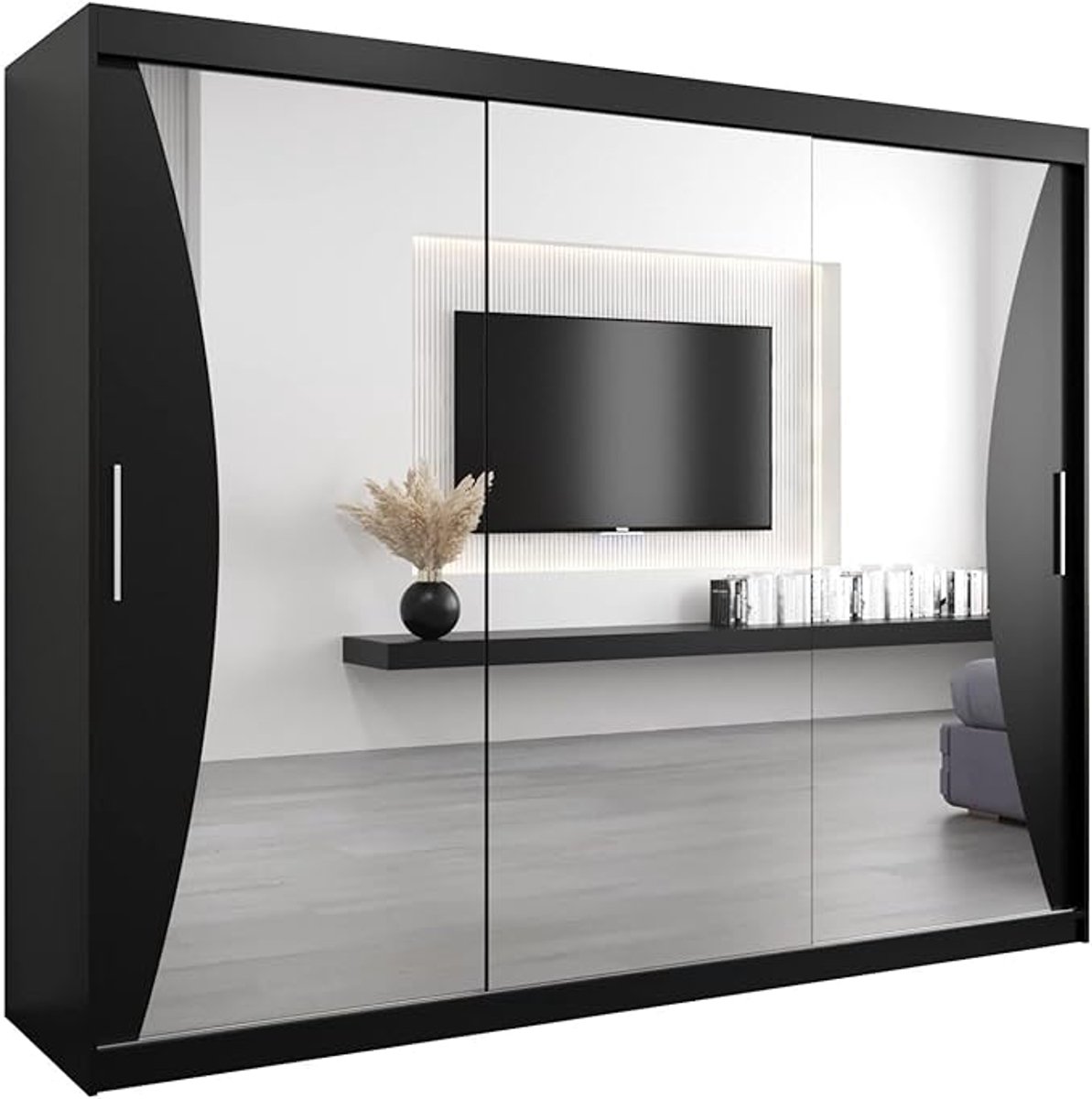 Kledingkast 250x200x62 cm met Spiegel en 3 Schuifdeuren – Moderne Garderobekast met Planken en Kledingstangen – Zwart – Monaco Luxe Serie – Abkantoor