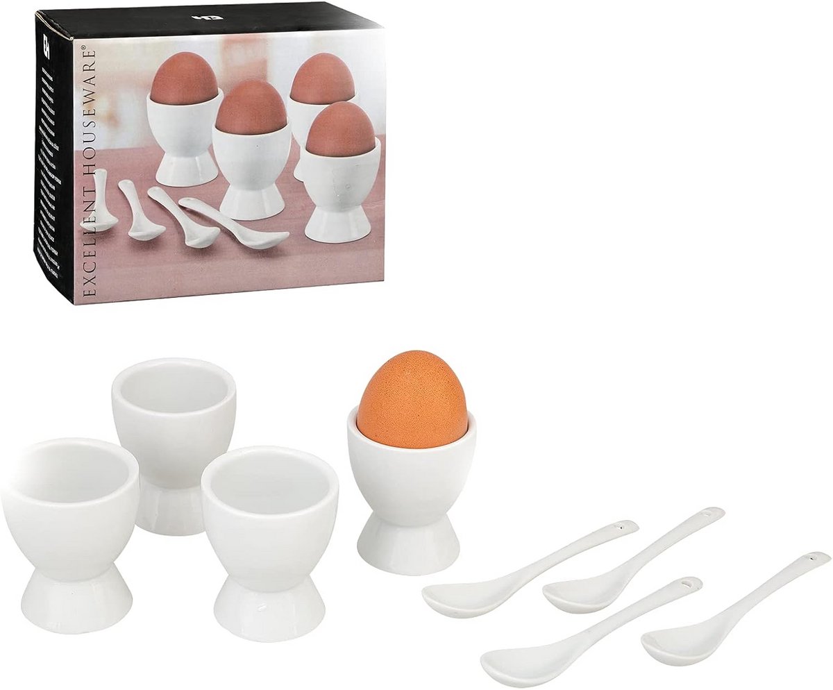 Set van 4 Klassieke Porseleinen Eierdopjes met Lepels - Witte Eierhouders voor Ontbijt