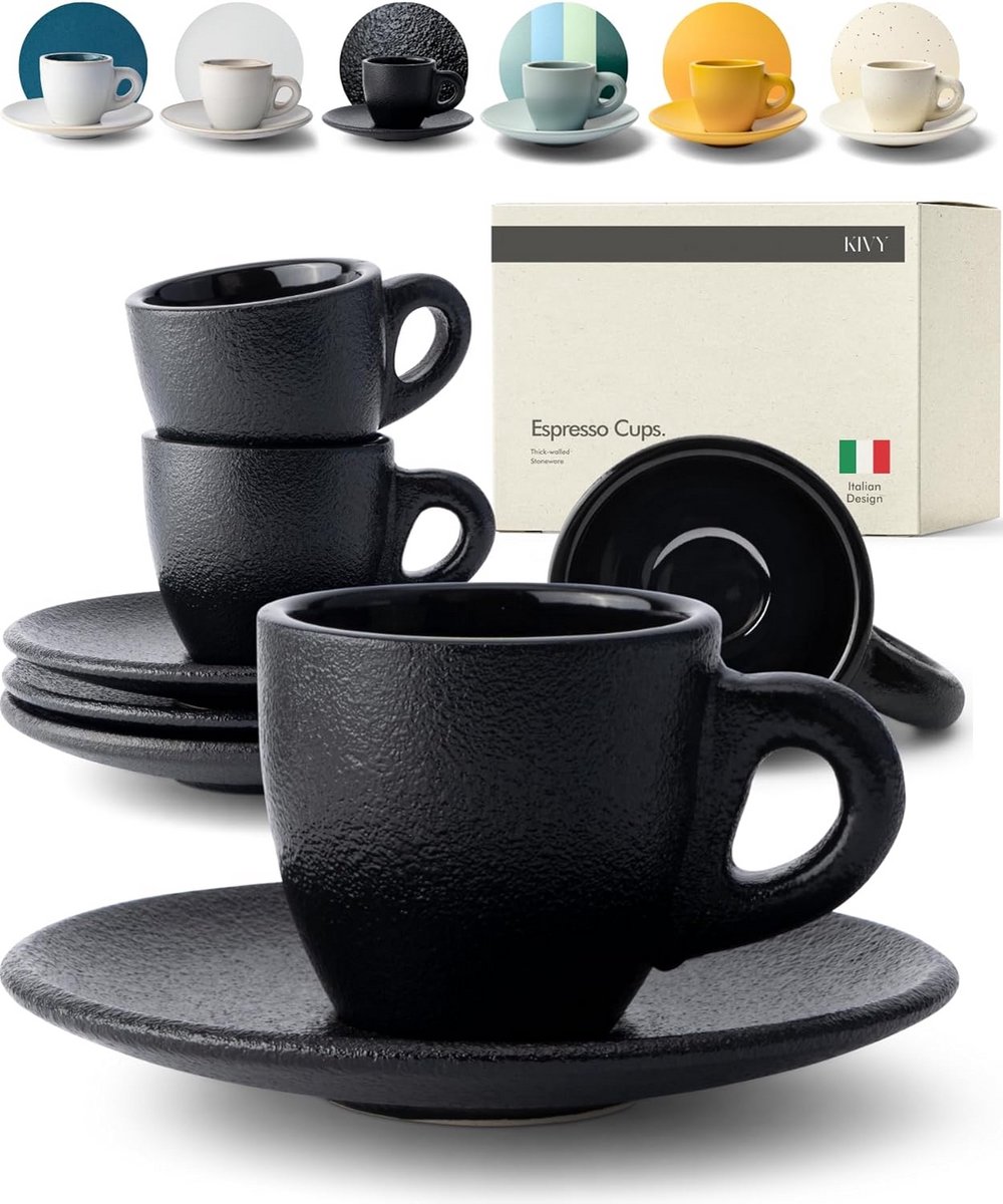 Set van 4 Handgemaakte Espresso Kopjes met Schotels, Steengoed, Zwart