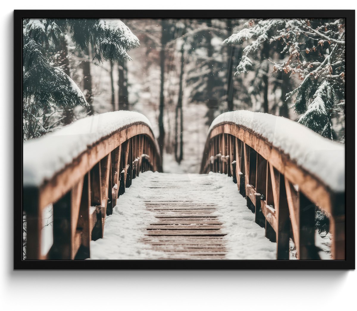 FrameYourWall Poster in lijst - Fotolijst 70x50 cm - Posters - Brug - Winterlandschap - Bos - Natuur - Sneeuw - Posterlijst zwart - Decoratie - Wanddecoratie woonkamer - Muurdecoratie slaapkamer