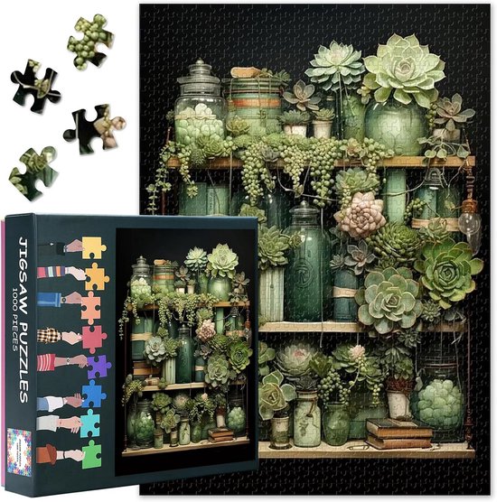 Een 1000-delige puzzel met groene planten in glazen potten op planken, met de puzzeldoos en enkele stukjes.
