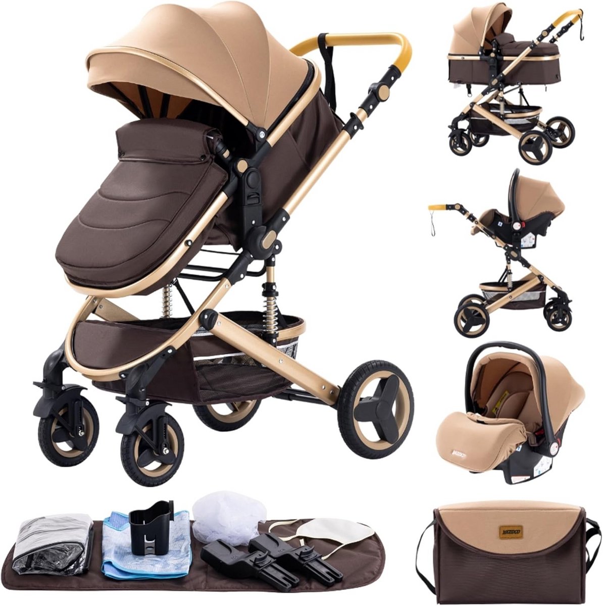 3-in-1 Kinderwagen Trio Set met Reiswieg en Adapter - Compact & Verstelbaar tot 25 kg