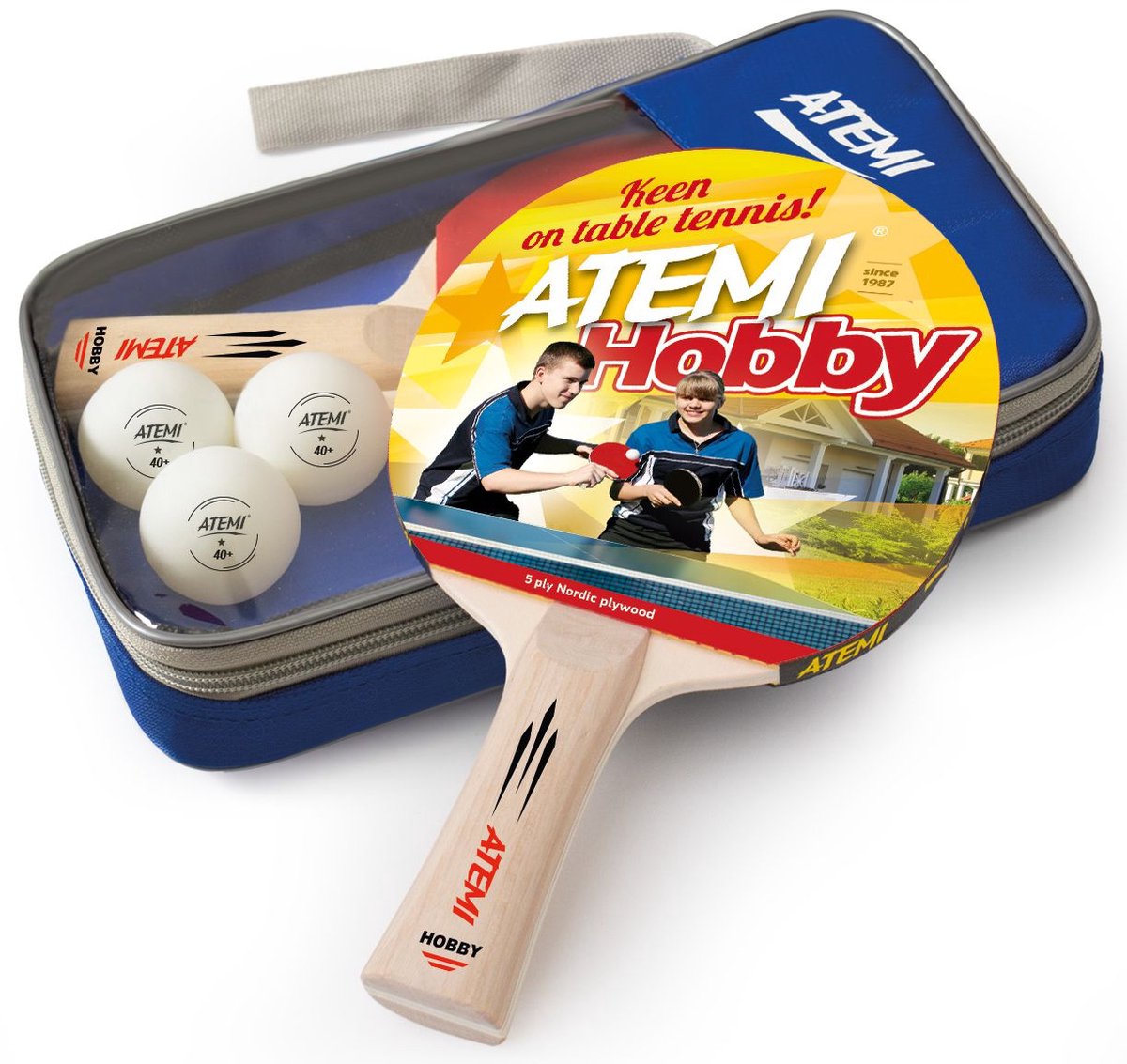 Atemi tafeltennisset Hobby 2 bats met 3 ballen in luxe etui.