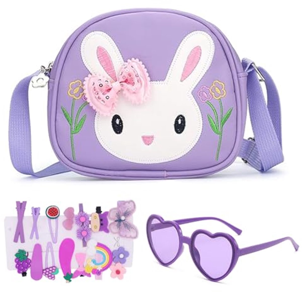 Ultiluxe® Meisjes Schoudertas met Konijntje - Kinder Handtas met Zonnebril en Haarclips - 17 x 15 x 5 cm - Verstelbare Schouderband - Paars/lila