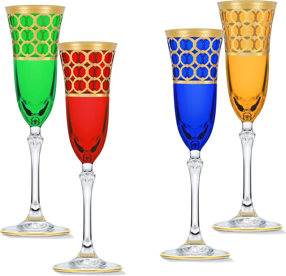 Luxe Champagneglazen Set van 4 met Gouden Ringen - Kristal Fluiten voor Mousserende Wijn