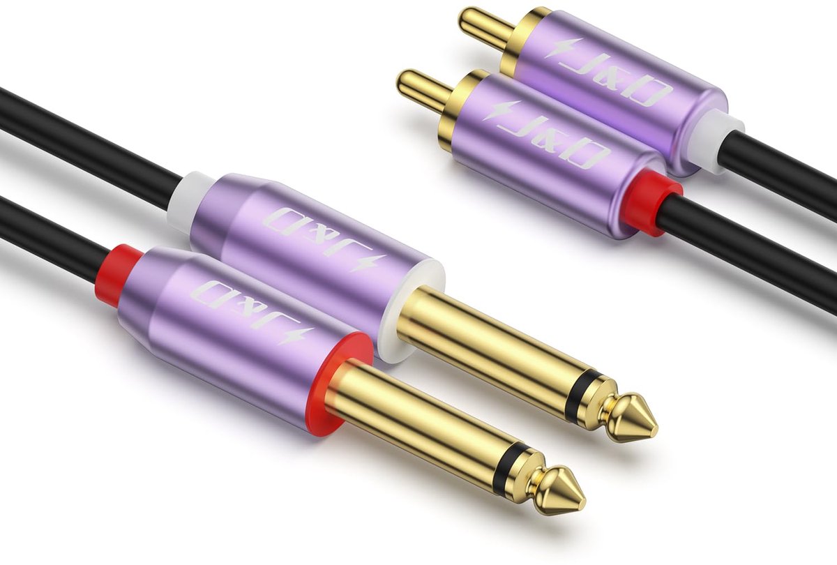 Kabel: 2x 6.35mm Mono Jack (TS) naar 2x Tulp (RCA) Kabel - 1.8 Meter - Ideaal voor Mixer en Versterker