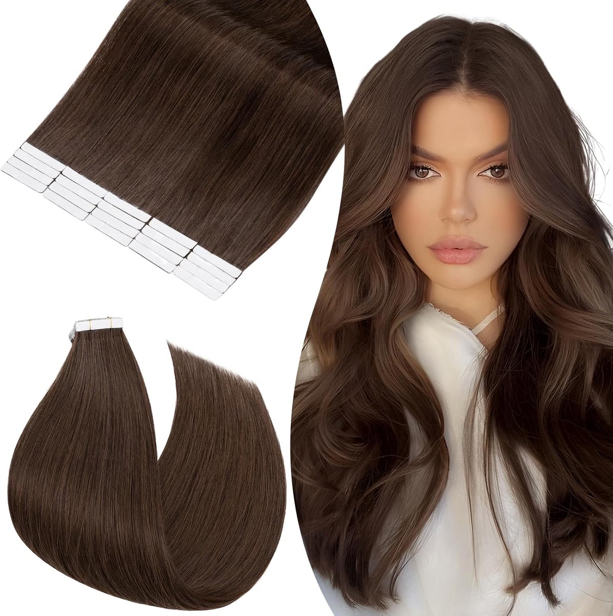 Echt Haar Tape-In Extensions Remy Glad 50 cm 20 Stuks Chocoladebruin