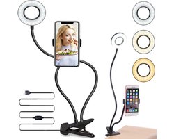 Led Ring Light with Clip and Gooseneck Clamp – Table Phone Holder for Selfie, Live Stream, Makeup, Photography, YouTube Vlogs – Dimmable