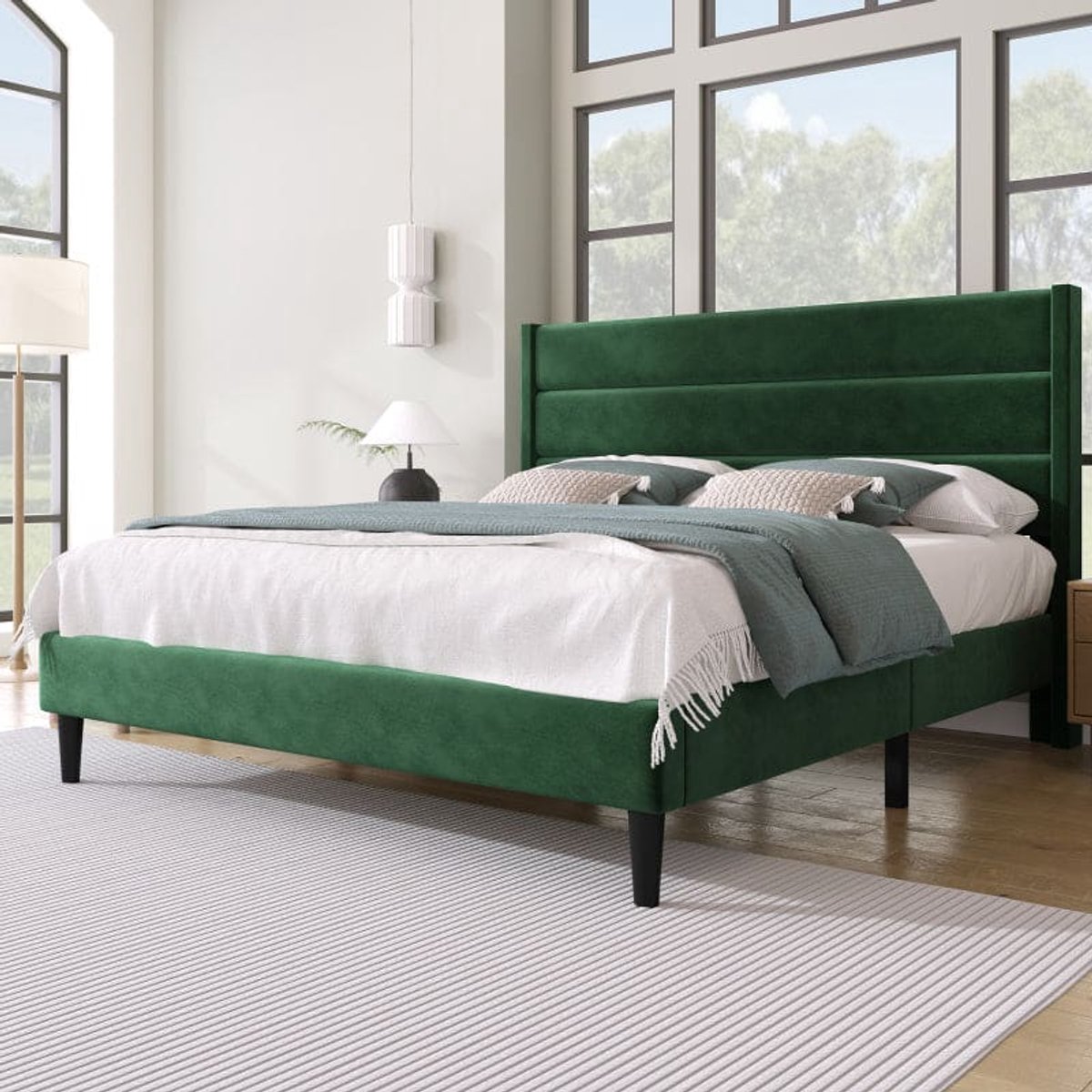 Gestoffeerd Tweepersoonsbed – Ledikant – Bedframe – Sofa Bed – Slaapsysteem – Donkergroen Fluweel – 140x200 cm – Met Lattenbodem – Gepolsterd Hoofdeinde