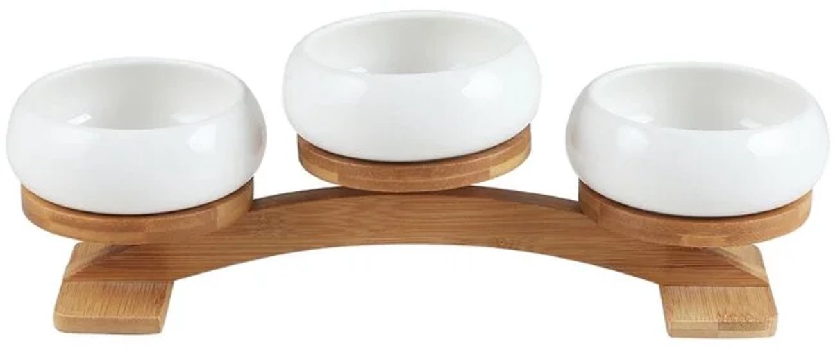 Bavary - Chubby snackschalen - 3-delig - wit keramiek - houten boogstandaard - tapas dips hapjes