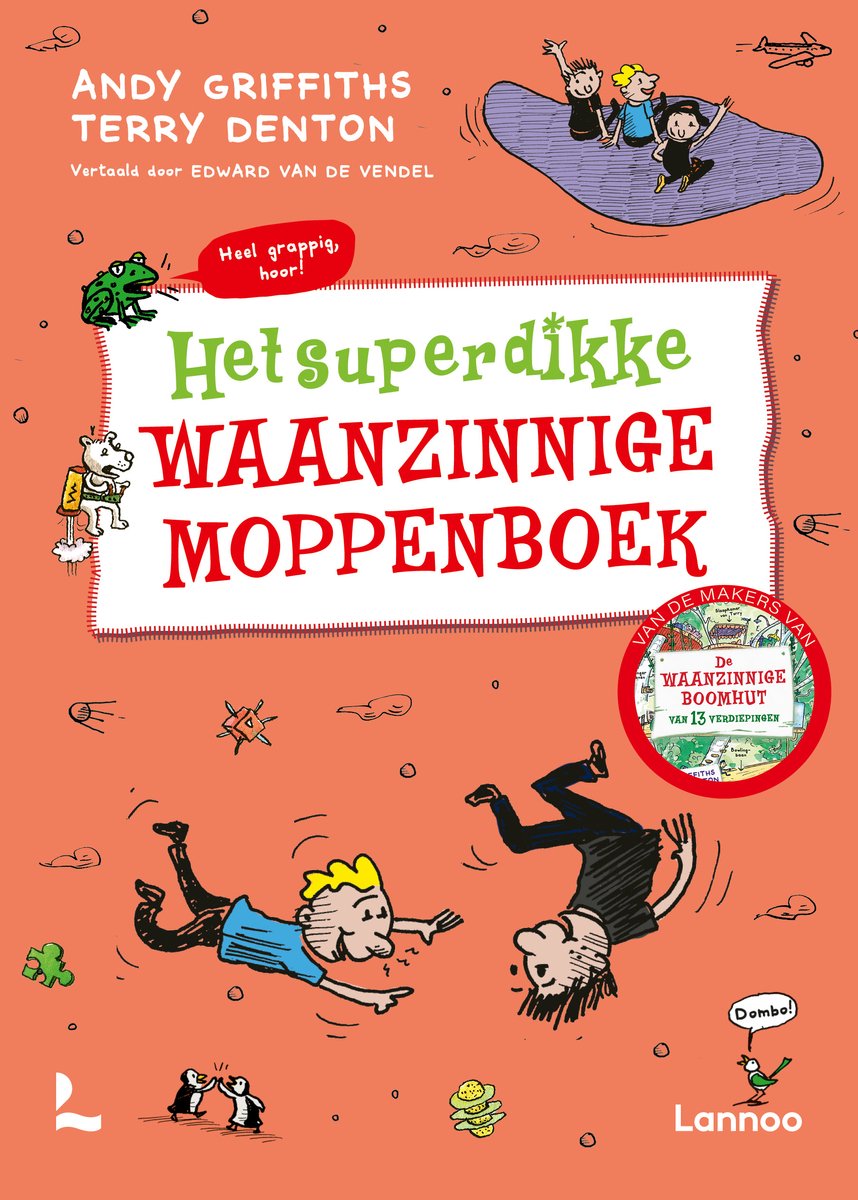 Boekomslag van 'Het superdikke waanzinnige moppenboek' met tekeningen van mensen, dieren en tekst in het rood en groen.