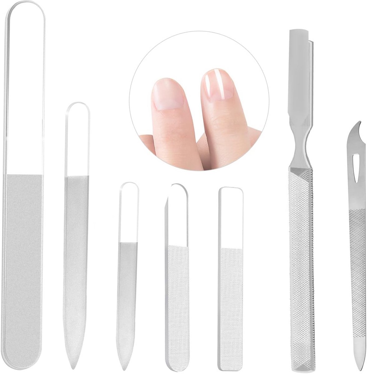 Nail Files Set van 7 Stuks - Glazen en RVS Nagelvijlen voor Thuis en Op Reis - Fijn en Medium/Coarse