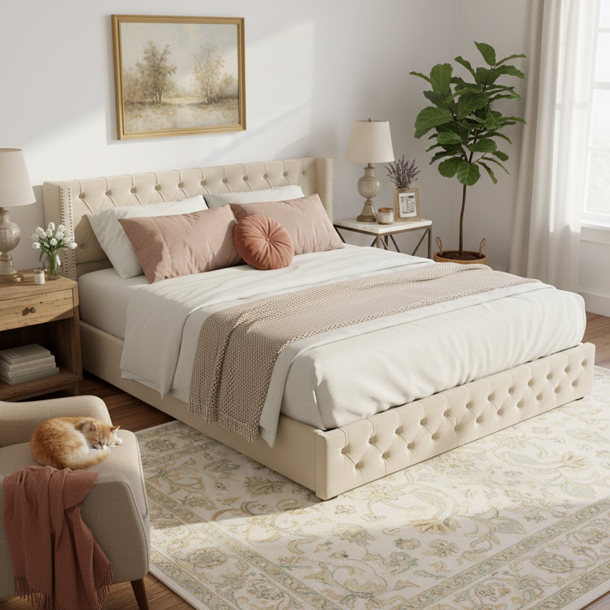 Merax Oorvormig gestoffeerd bed 180x200cm - dubbele rij klinknagels - genaaide oogjes - met opbergruimte - beige - zonder matras