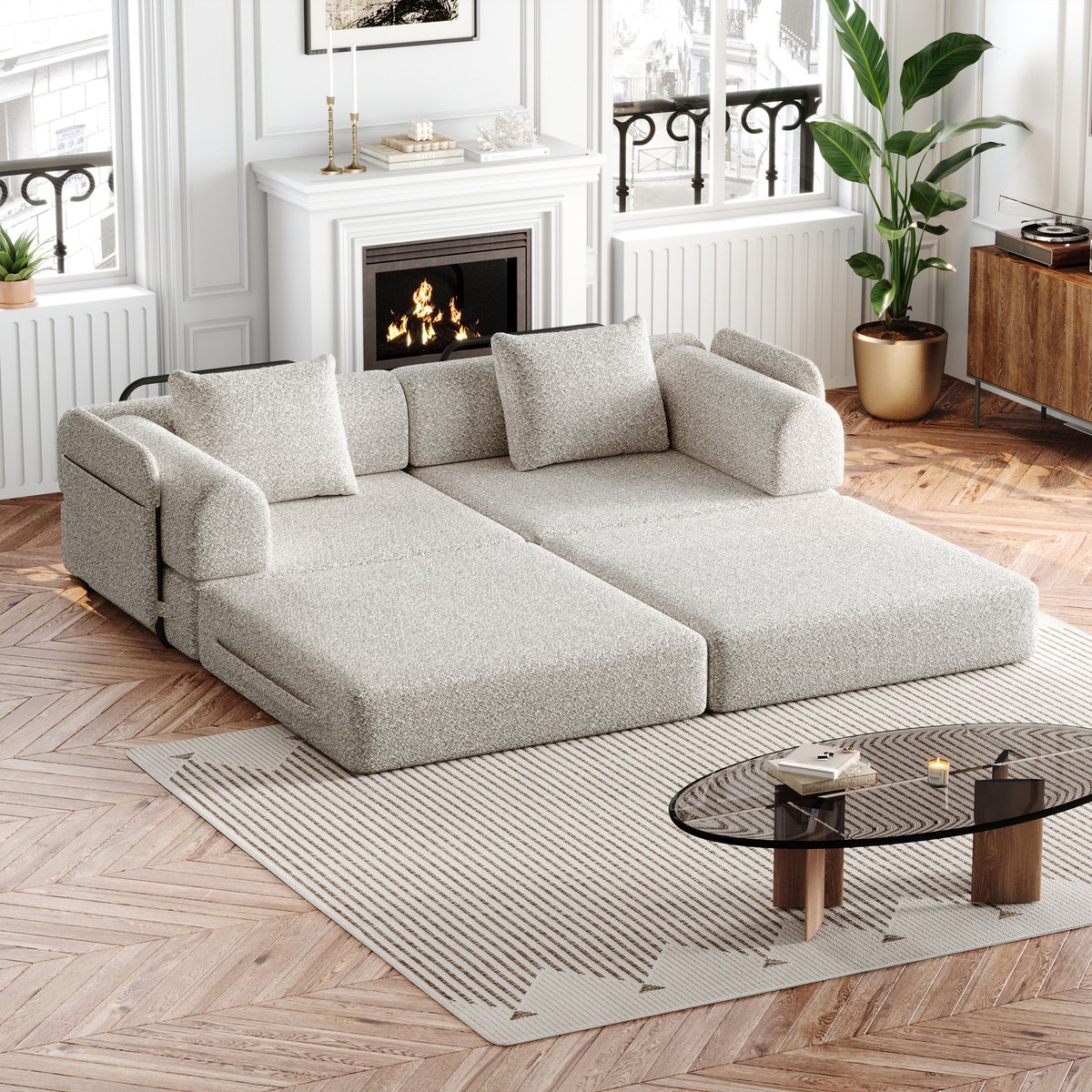 Chenille 2-in-1 Slaapbank met Opbergvak in de Armleuning, drie Metalen Frames en Diverse Configuratiemogelijkheden, Tweedelige set, khaki