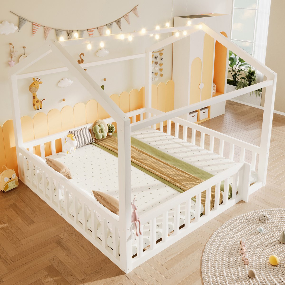 MIVRAY Kinderbed 90x190 cm Zonder Matras - Huisvorm Met Ledverlichting En Rondom Veiligheidshek - Koppelbaar Tot 180x190 cm - Grenen - Wit