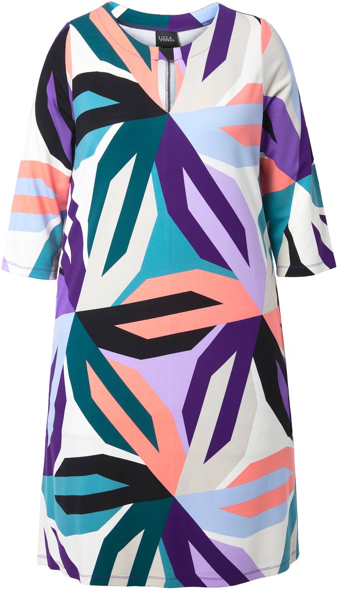 Ulla Popken Dames - Punto jurk grafische bloemenprint ronde hals 3/4-mouwen - Donker violet - Maat 62+