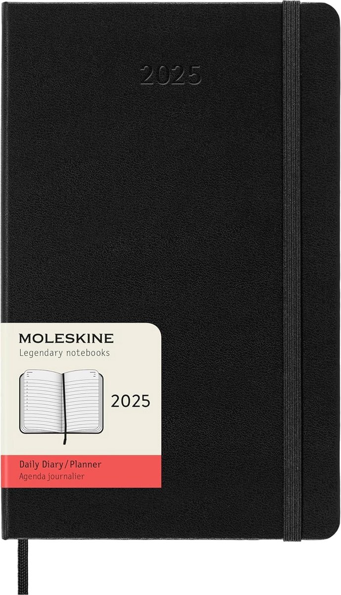 Dagplanner 2025 - 12 Maanden Agenda met Harde Kaft en Elastische Sluiting - Groot Formaat 13x21 cm - Zwart