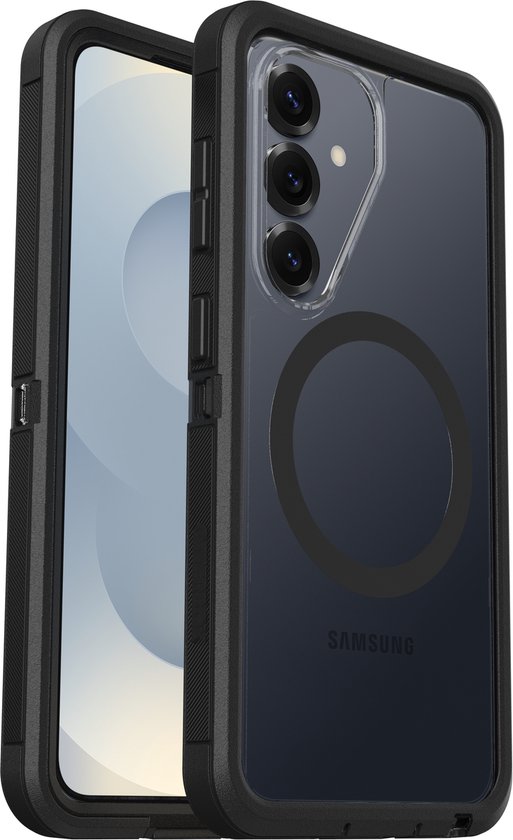 Zwarte Otterbox Defender Pro XT telefoonhoes voor Galaxy S26, met doorzichtig achterpaneel, magnetische ring en drie camera's.