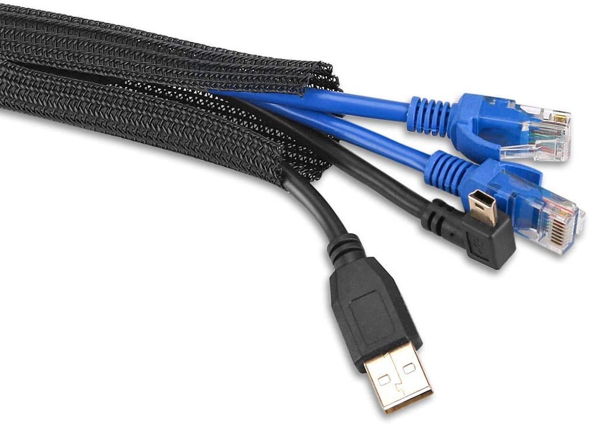 TuseRxln Kabellus – PET-gebreid – Automatische sluiting – 2 meter – Voor tv, computer, kantoor – Zwart