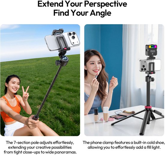 Links: vrouw met selfiestick en telefoon in een veld. Rechts: vrouw filmt zichzelf met statief en ringlamp.